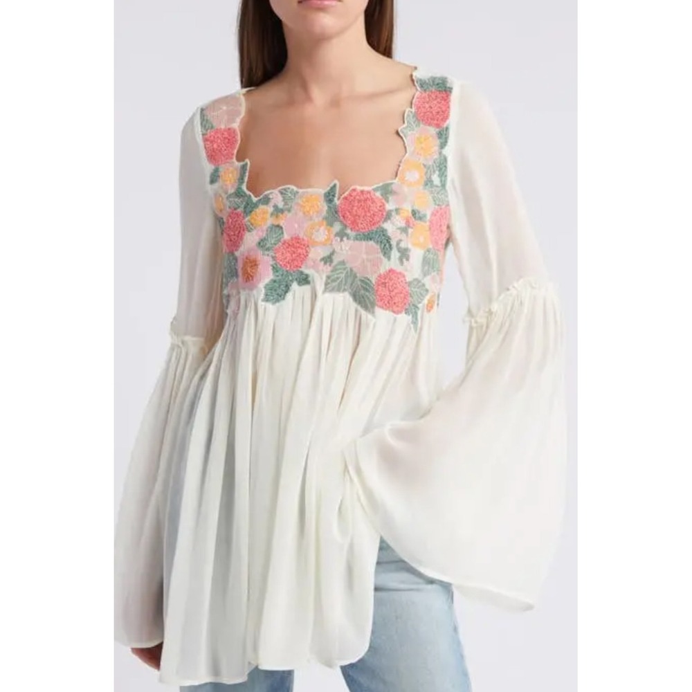 Free People Madeline Tunic Small White Embroidered Floral Bell Sleeve Fairy